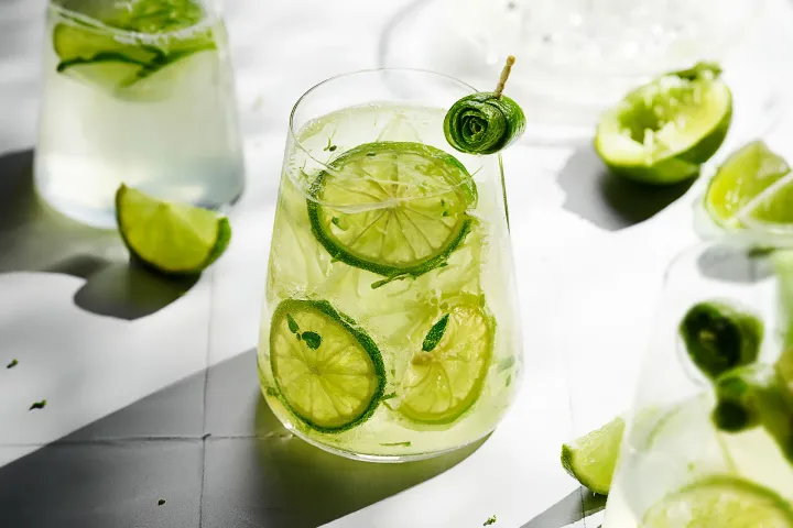 Caipirinha, a Brazilian national cocktail, made with cachaça, limes, and sugar.